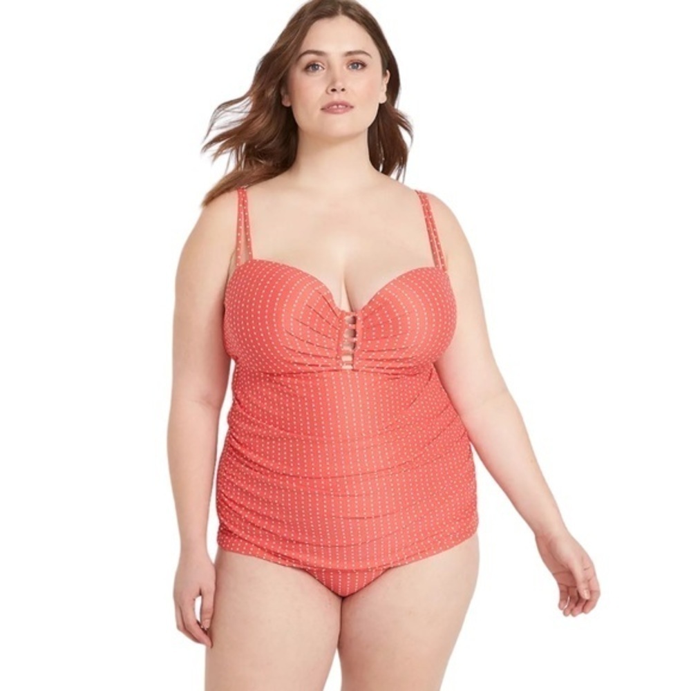 Lane Bryant Underwire Textured Dot Fitted Swim Tankini Top - Starfish Coral Dots